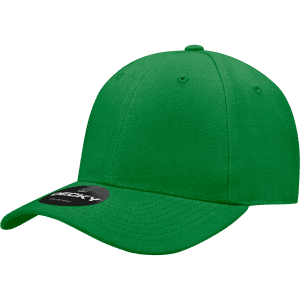 A high-profile structured fitted cap in bright green, featuring a branded tag.
