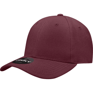 A maroon high-profile structured fitted cap with a curved brim and an interior label. Features a logo.