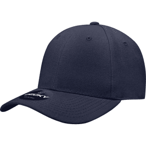 A navy blue 6-panel high profile structured fitted cap with a logo on the front.