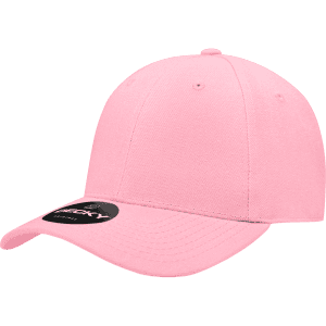 A pink 6-panel high profile structured fitted cap with a branding logo on the side.