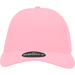 A pink 6-panel high profile structured fitted cap with a branding logo on the underside of the brim.