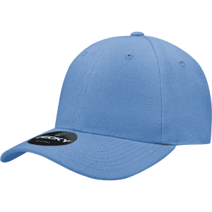 A blue six-panel high-profile structured fitted cap with a logo on the front.