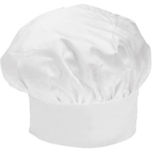 A white toque chef hat with a structured band and a soft, voluminous top. It features a logo.