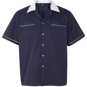A short-sleeved, button-up shirt in navy blue with a contrasting white collar and trim, featuring two chest pockets.