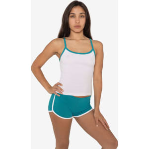 A white spaghetti tank top with teal accents, paired with teal shorts featuring white trim. It has a logo.