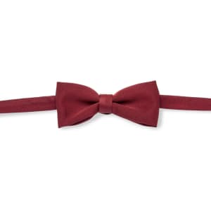 A burgundy bow tie with a smooth finish and adjustable strap. It features a logo on the label.