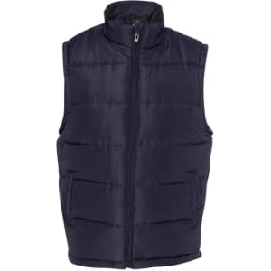 A navy puffer vest with a high collar and front zip, featuring two side pockets and no sleeves.