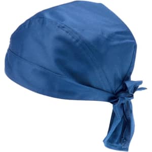 A blue bandana with a tied knot at the back, featuring a smooth fabric texture and a logo.