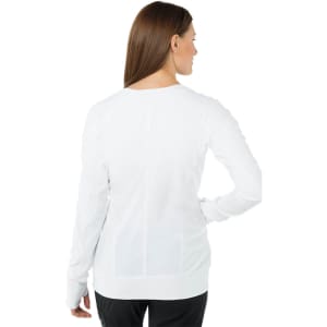 A white jacket with a relaxed fit, featuring a simple design and a logo on the back.