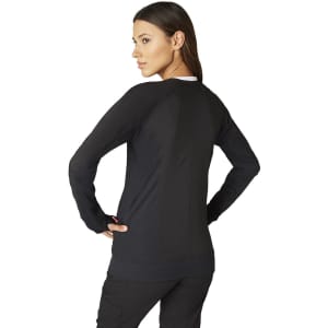 A black women's jacket with long sleeves, featuring fitted design and branding on the back.