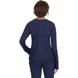 A navy blue jacket with a fitted design, featuring long sleeves and a round neckline, shown from the back.