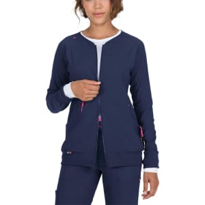 A navy Clarity Jacket with pink accents, featuring a zip front and pockets. It has a logo on the fabric.
