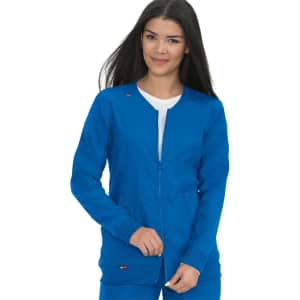 A blue jacket with a zip front, featuring a stand collar and a pocket. The model wears it with a smile.