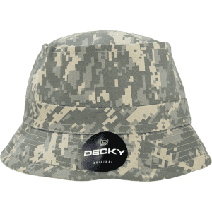A structured bucket hat in a grey camouflage pattern, featuring a logo on a black tag.