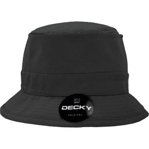 A black cotton fisherman's hat with a circular logo attached, featuring a wide brim.