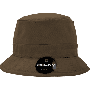 A brown structured fisherman's hat with a wide brim, featuring a logo on the front.