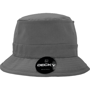 A grey structured fisherman's hat with a wide brim and a circular branding tag.