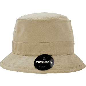 A structured fisherman's hat in beige, featuring a logo. The hat has a wide brim and a classic bucket style.