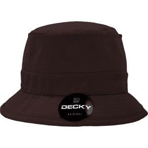 A structured brown fisherman's hat with a wide brim and a logo on the front.