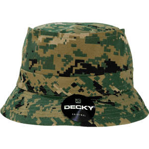 A structured fisherman's hat in green and brown camo pattern, featuring a logo on the side.