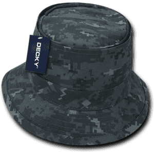 A structured fisherman's hat in a dark grey digital camo pattern, featuring a logo tag on the side.
