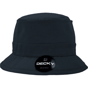 A structured fisherman's hat in navy blue, featuring a branded tag on the side. Ideal for sun protection.