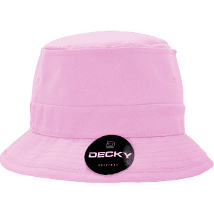 A structured pink fisherman's hat featuring a branded tag.
