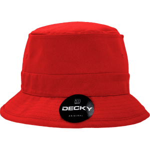 A red structured fisherman's hat with a logo on the side. The hat features a wide brim and a soft crown.