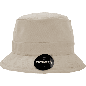 A structured fisherman's hat in a sandy beige colour, featuring a round logo on the side.