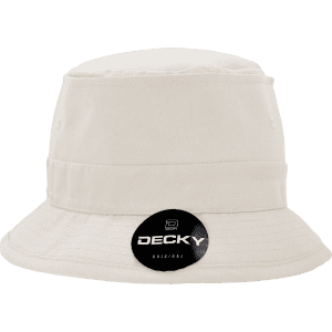 A structured fisherman's hat in a light cream colour with a branded tag.