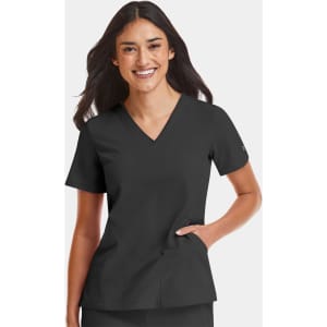 A women's black V-neck top with short sleeves, featuring a side pocket and a logo on the sleeve.