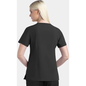 A black women's V-neck top with short sleeves, featuring a simple design and a logo on the back.