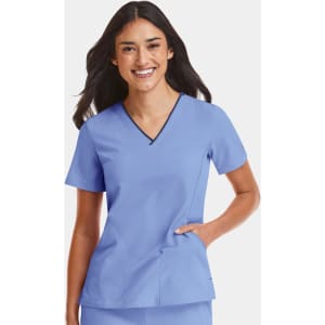 A women's V-neck top in light blue with short sleeves and a contrasting trim. Features a pocket on the side.