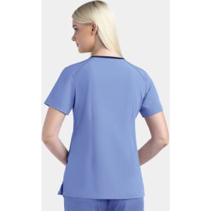 A women's V-neck top in light blue with short sleeves, featuring a contrasting neckline and a slight tail.
