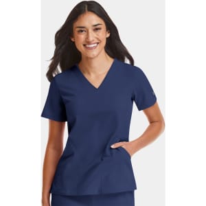 A navy women's v-neck top featuring short sleeves and a side pocket, with a logo on the sleeve.