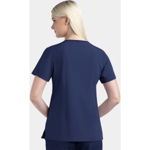 A navy women's v-neck top with short sleeves and a back view, featuring a logo.