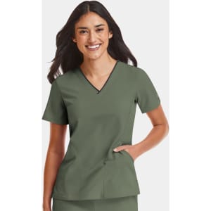 A women's olive green V-neck top with short sleeves and a pocket, featuring a contrasting neckline.