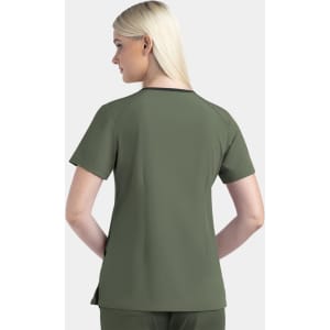 A women's V-neck top in olive green, featuring a contrast trim and short sleeves, with branding present.