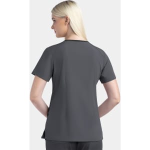 A women's V-neck top in dark grey, featuring short sleeves and a back view. The top has a logo.