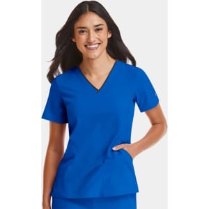 A women's contrast V-neck top in bright blue, featuring short sleeves and a pocket, with a logo on the sleeve.