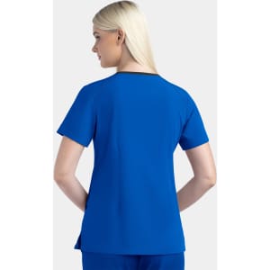 A women's contrast v-neck top in vibrant blue, featuring a simple design and short sleeves, with a logo on the back.