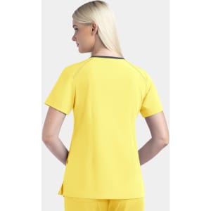 A women's contrast v-neck top in vibrant yellow, featuring short sleeves and a sleek design, with a branding logo.