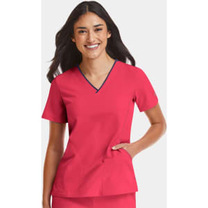 A women's V-neck top in vibrant pink with contrast trim. It features short sleeves and a side pocket.