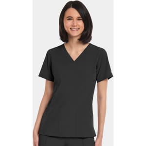A women's V-neck top in black with short sleeves and a fitted design, featuring a logo.