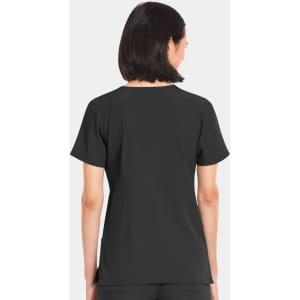 A women's black V-neck top with short sleeves and a smooth design, featuring a logo on the back.