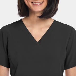 A black women's V-neck top with short sleeves, featuring a simple design and a branding logo.