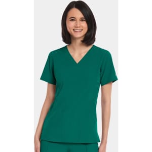 A women's v-neck top in teal green, featuring short sleeves and a simple design, with a logo on the sleeve.