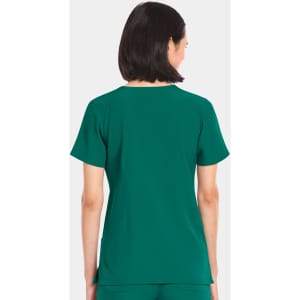 A green women's V-neck top with short sleeves, featuring a simple design and a logo on the back.