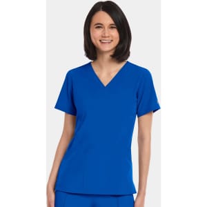 A vibrant blue V-neck top designed for women, featuring short sleeves and a fitted silhouette. Includes a branding logo.