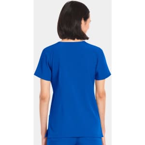 A women's V-neck top in vibrant blue, featuring short sleeves and a simple design. It includes a logo on the back.